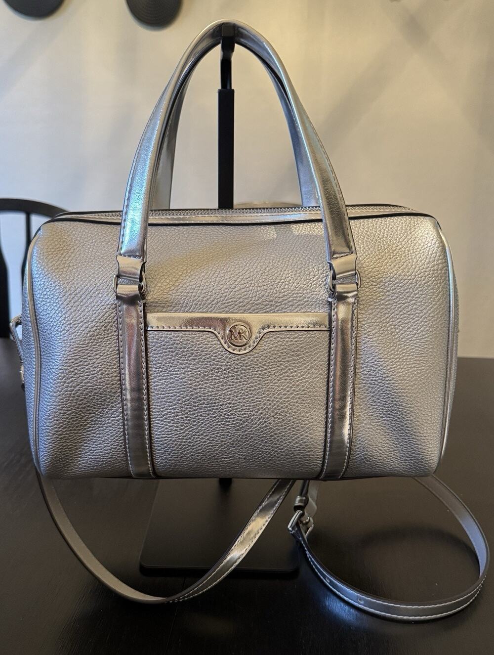 NWT Michael Kors Metallic Silver Duffle Bag With Crossbody Strap